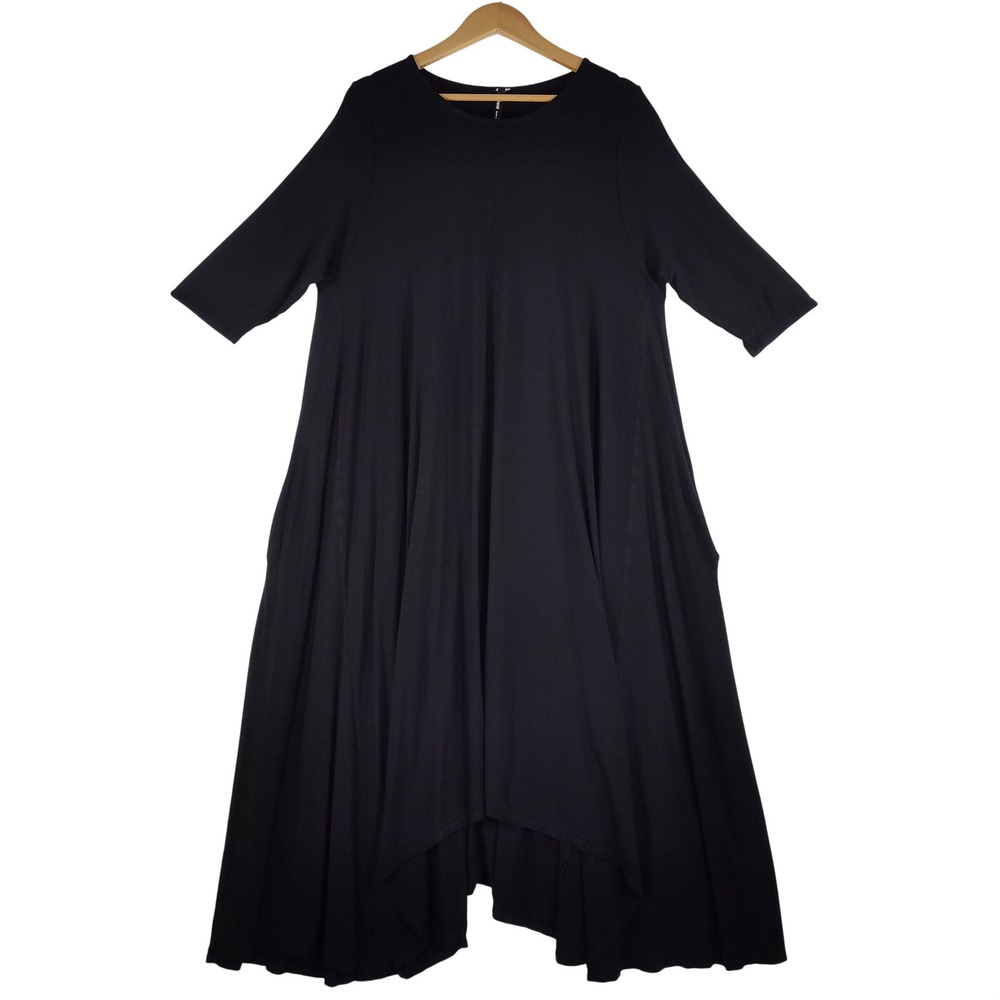 12ami Black Swing Midi Dress Elbow Sleeve Handkerchief Hem Pockets Made in USA
